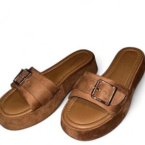 Anthropologie Camel Color Suede Buckle Platform Slide Sandals Poppy Seychelles